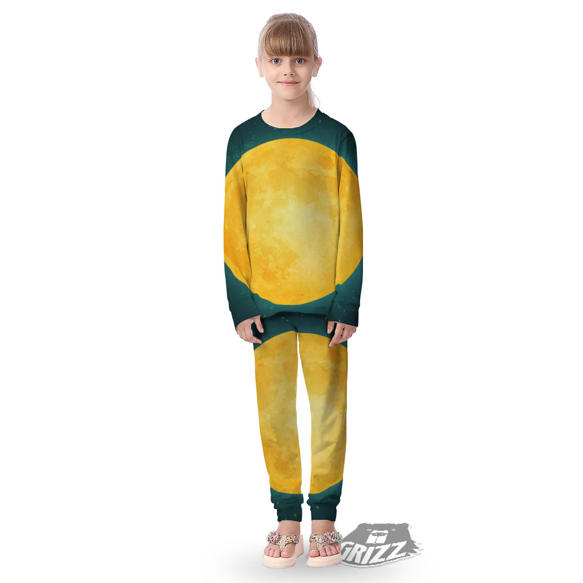 Full Moon Yellow Print Kid's Pajamas-grizzshop