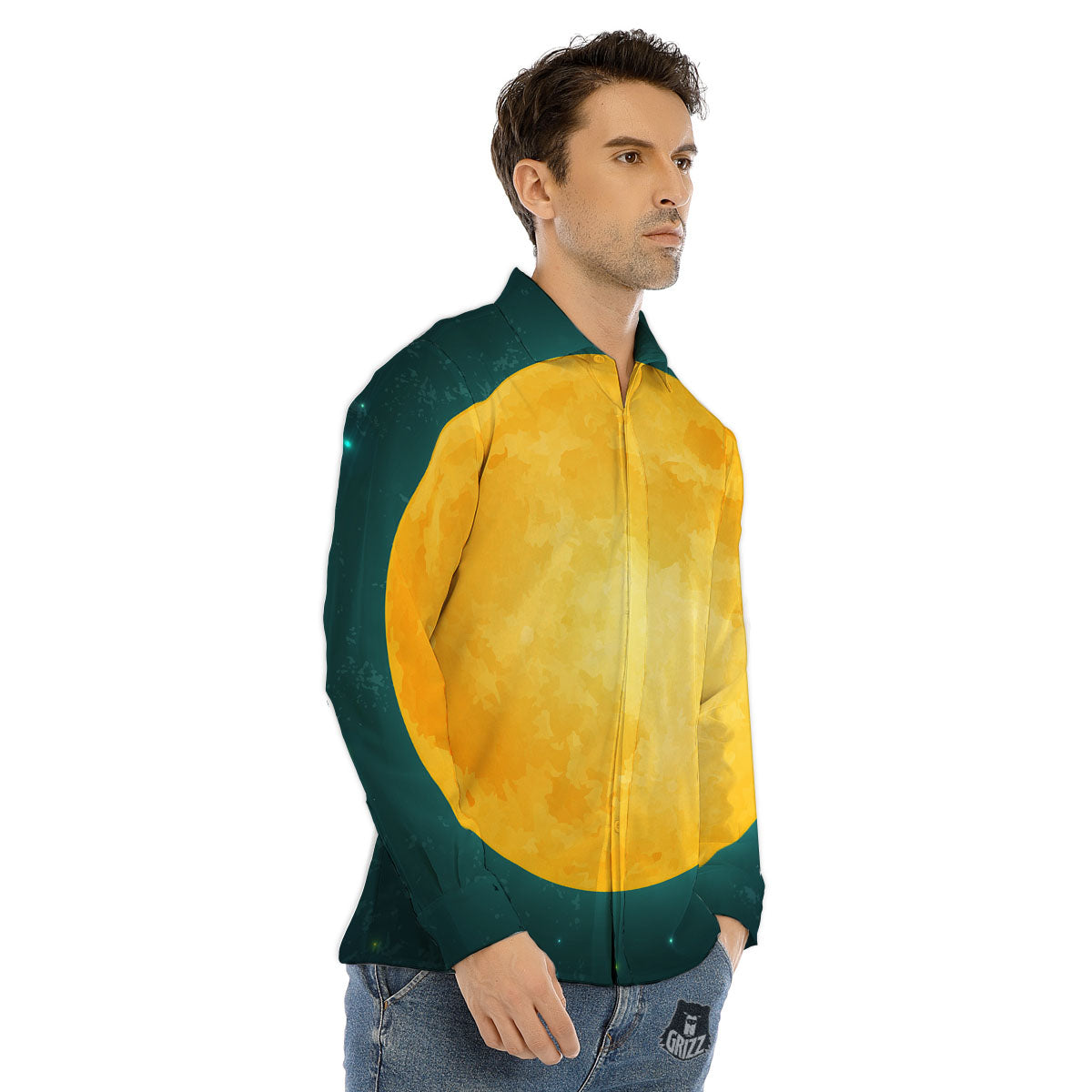 Full Moon Yellow Print Men's Dress Shirts-grizzshop