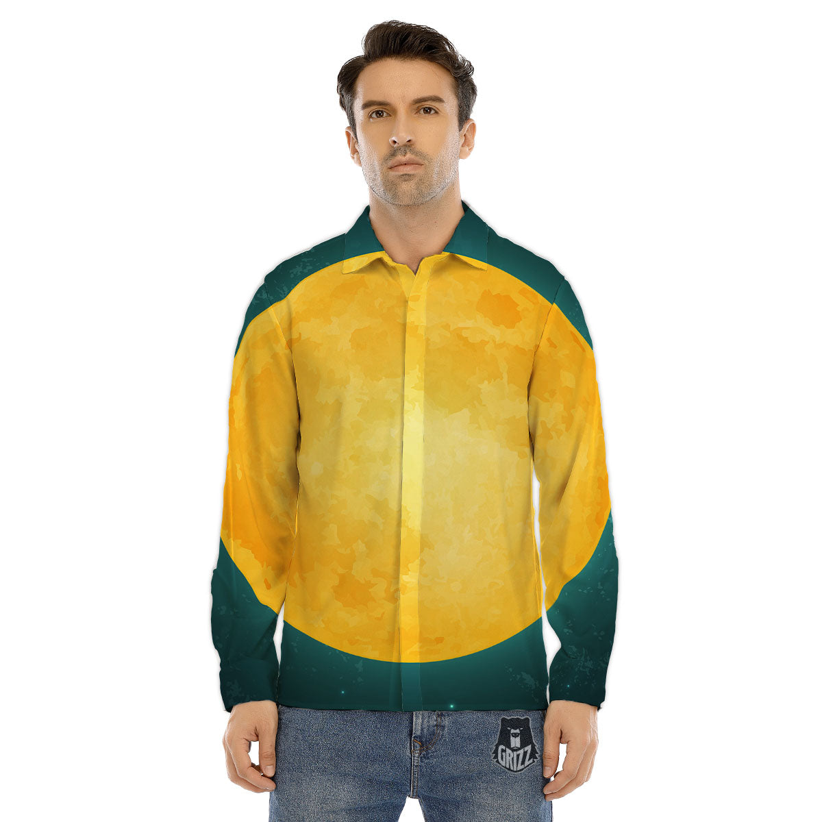 Full Moon Yellow Print Men's Dress Shirts-grizzshop