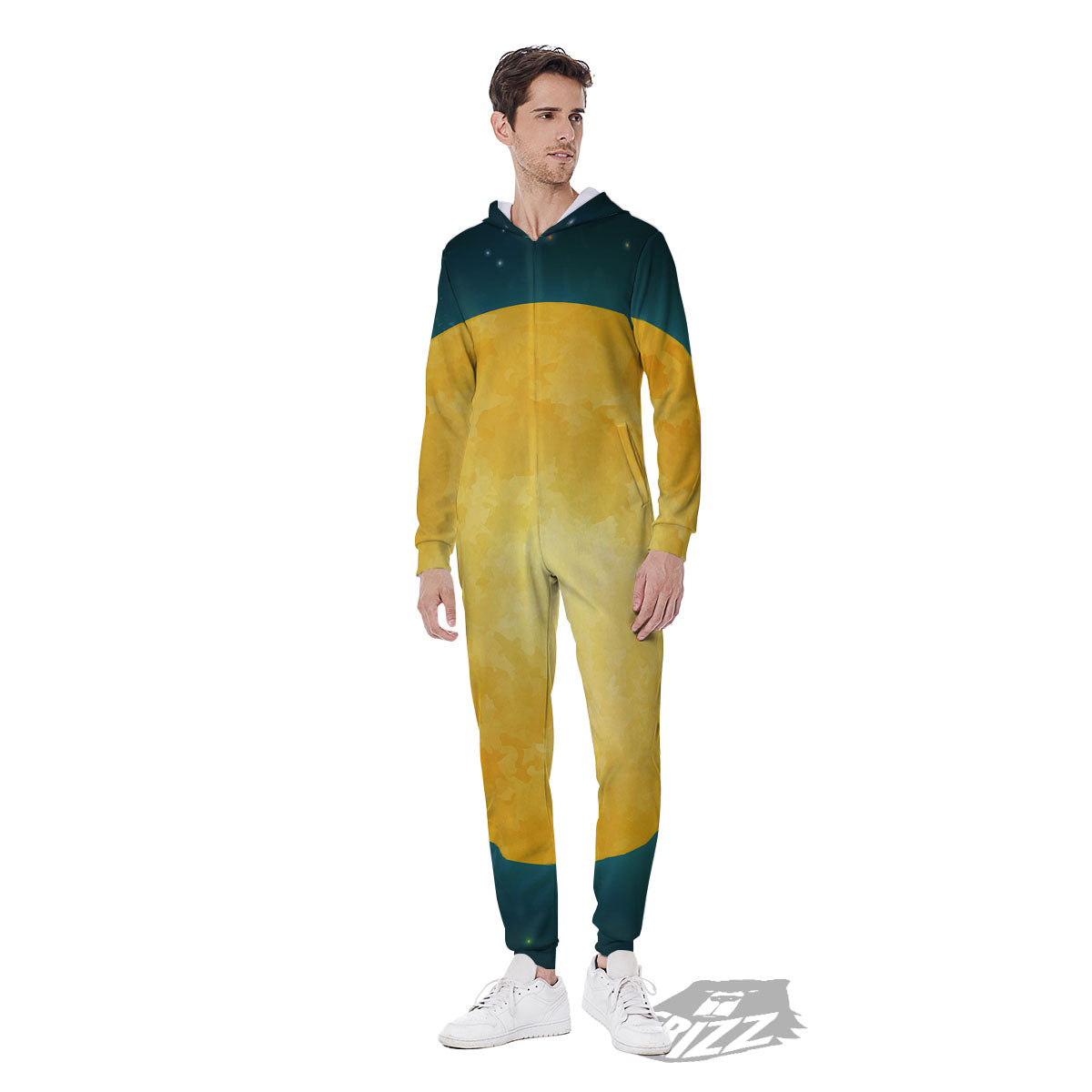 Full Moon Yellow Print Men's Jumpsuit-grizzshop