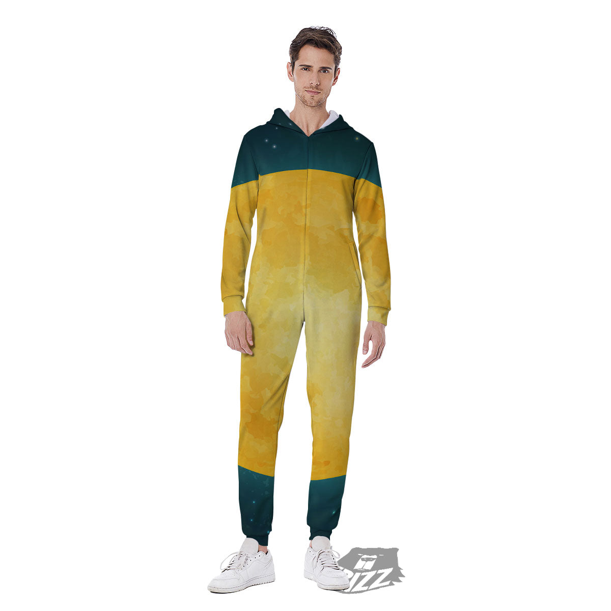 Full Moon Yellow Print Men's Jumpsuit-grizzshop