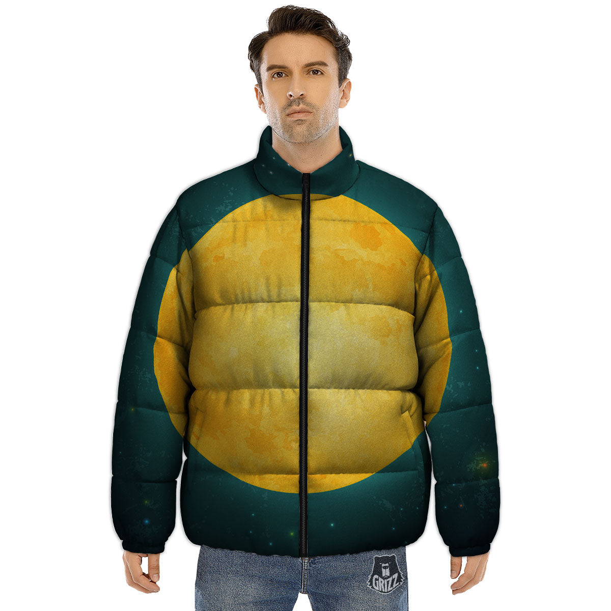 Full Moon Yellow Print Puffer Jacket-grizzshop