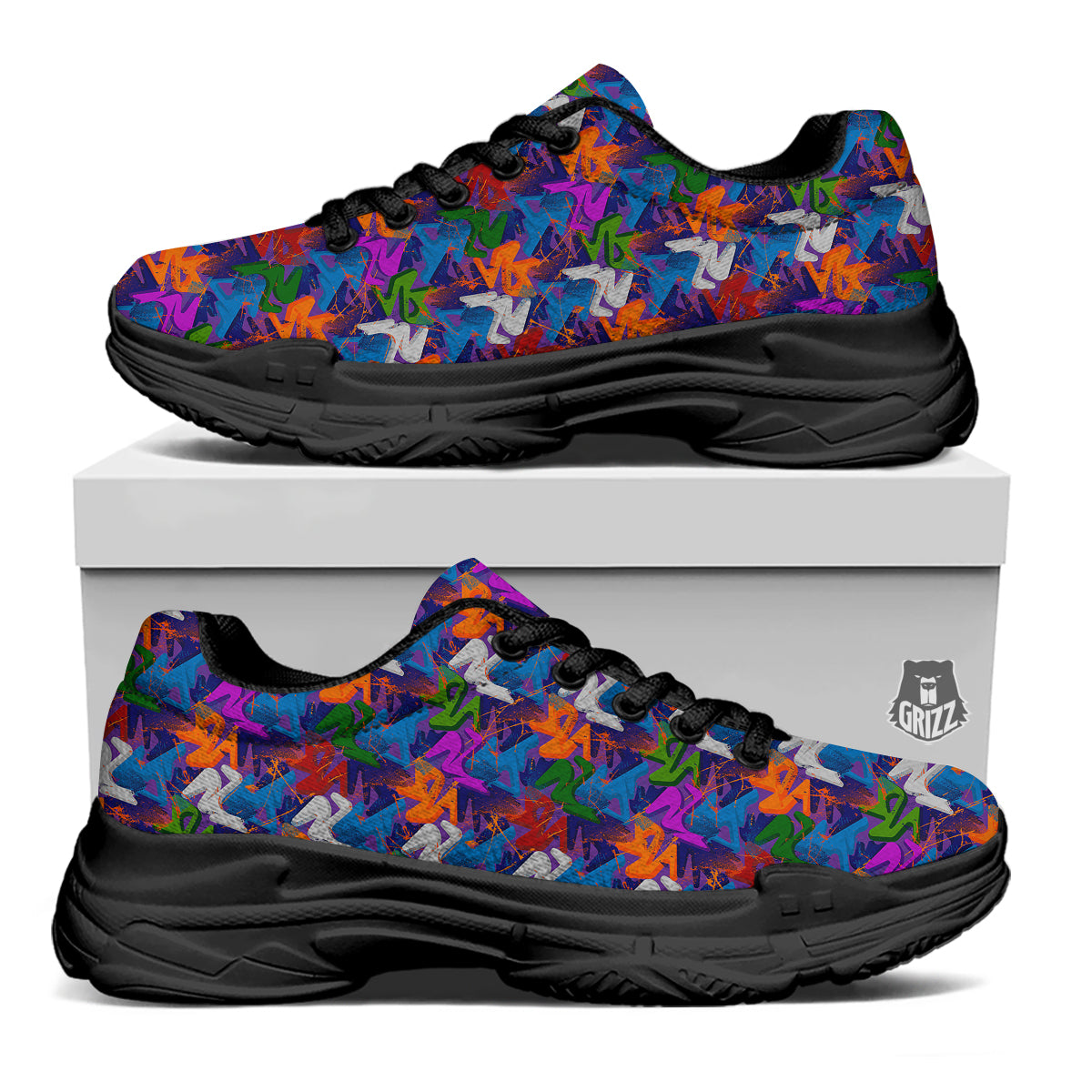 Funky Abstract Print Pattern Black Chunky Shoes-grizzshop