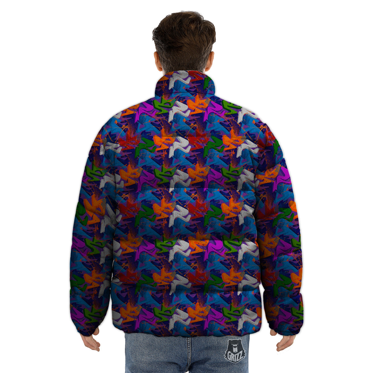 Funky Abstract Print Pattern Puffer Jacket-grizzshop
