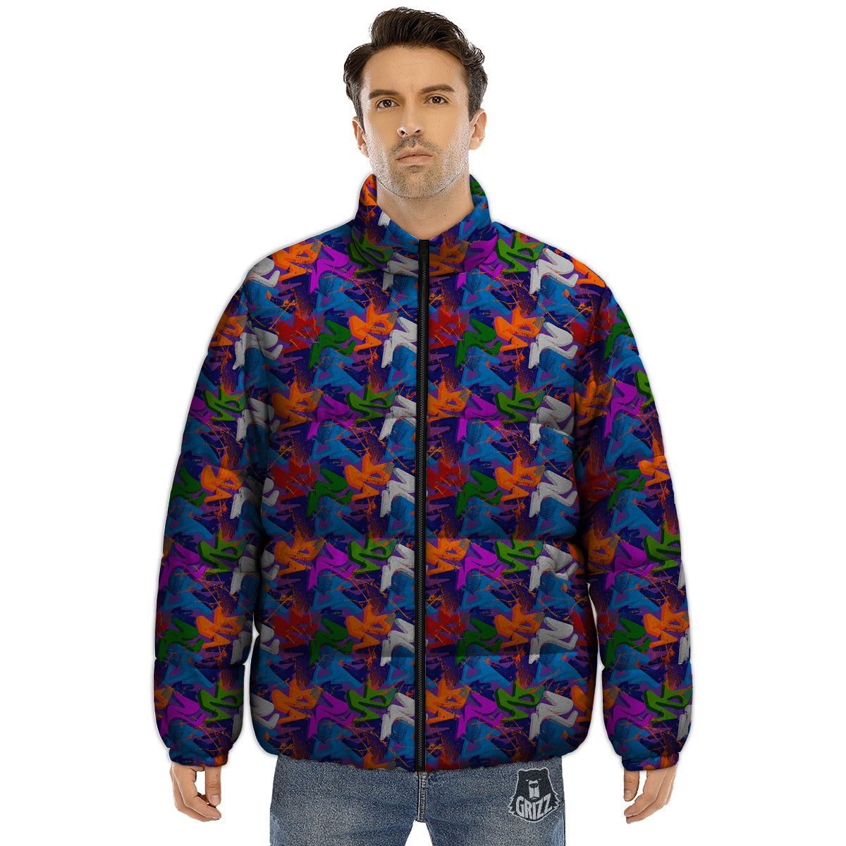 Funky Abstract Print Pattern Puffer Jacket-grizzshop