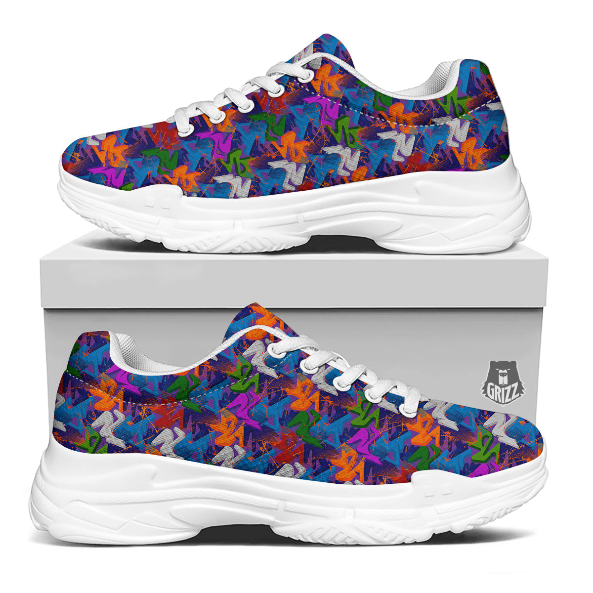 Funky Abstract Print Pattern White Chunky Shoes-grizzshop