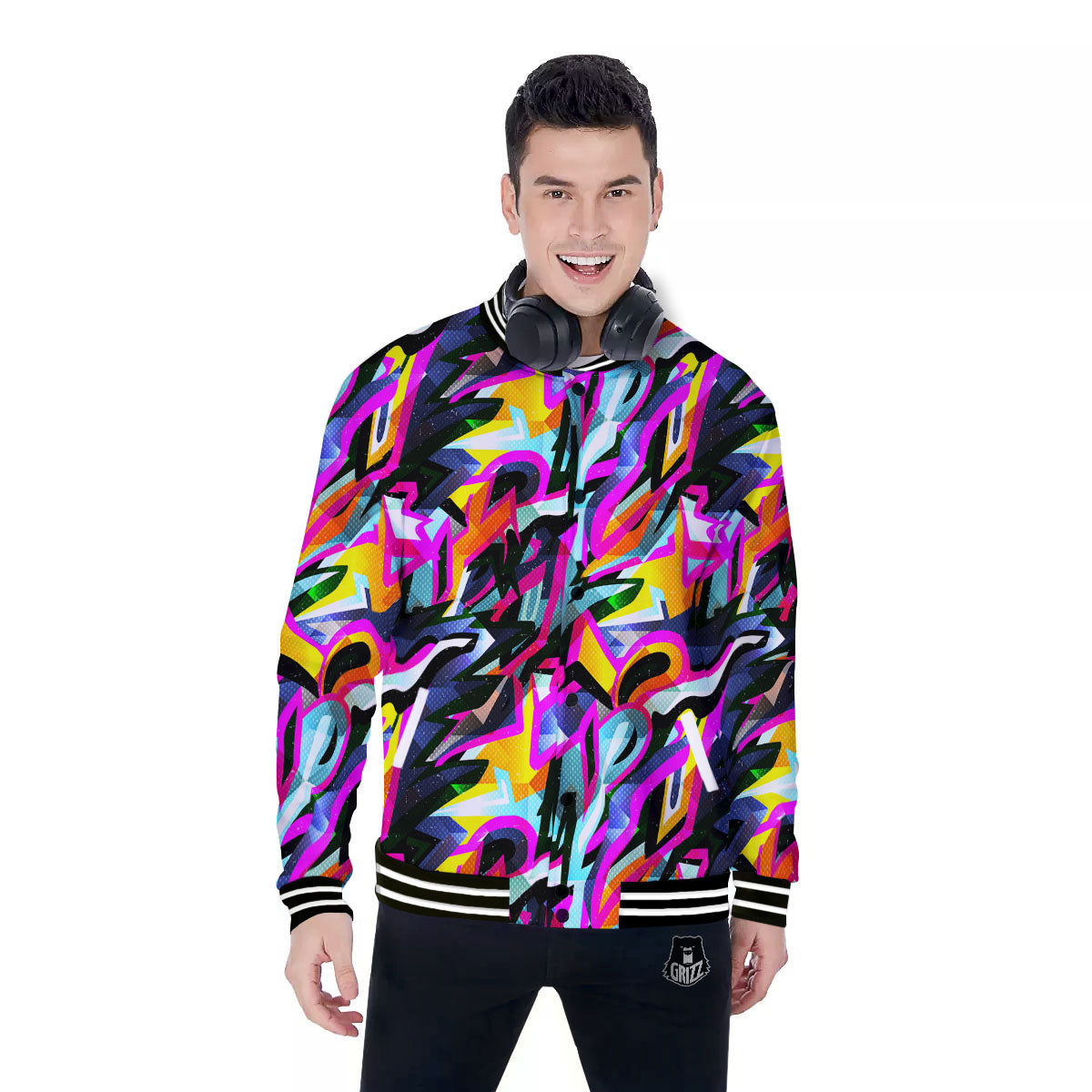 Funky Psychedelic Print Pattern Baseball Jacket-grizzshop