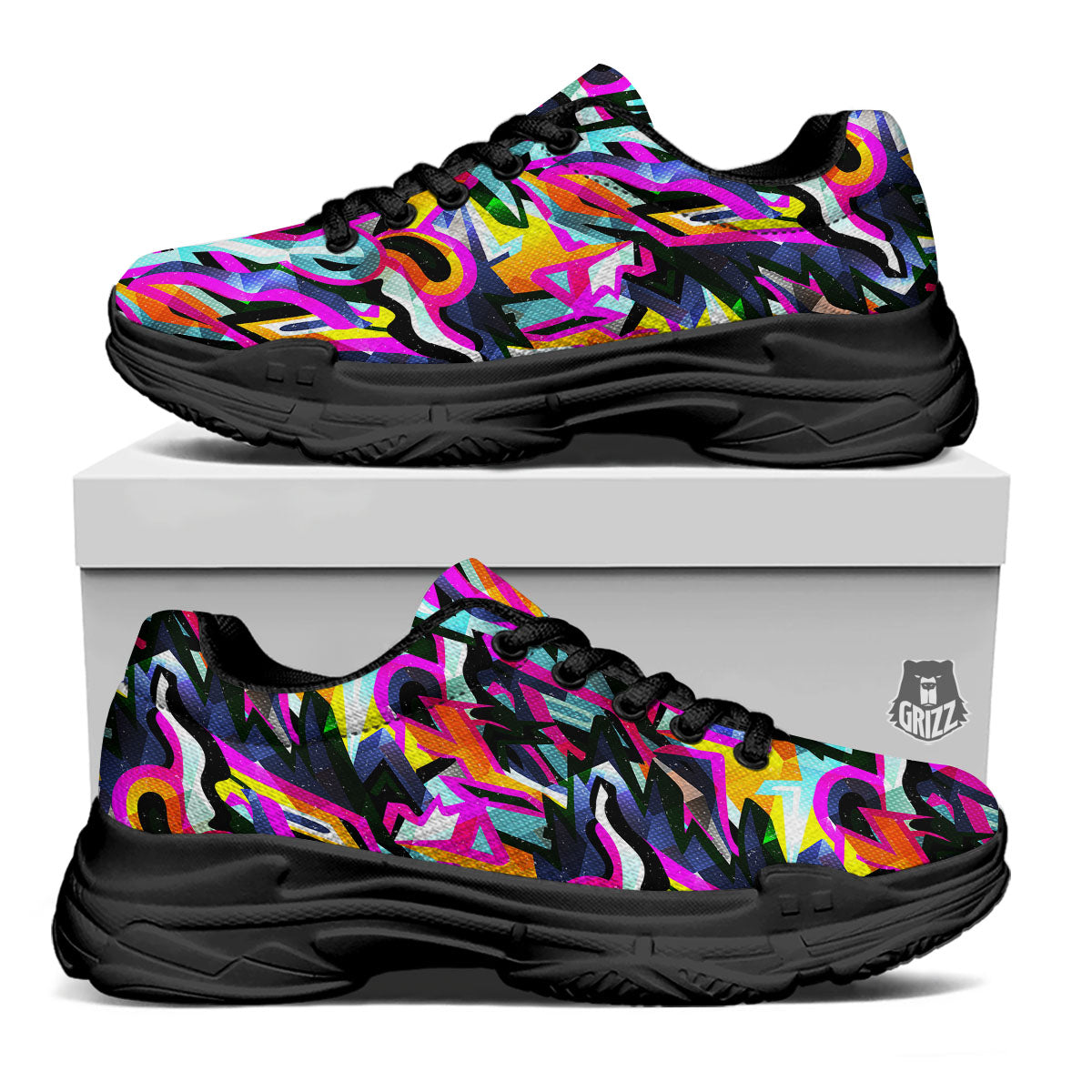 Funky Psychedelic Print Pattern Black Chunky Shoes-grizzshop