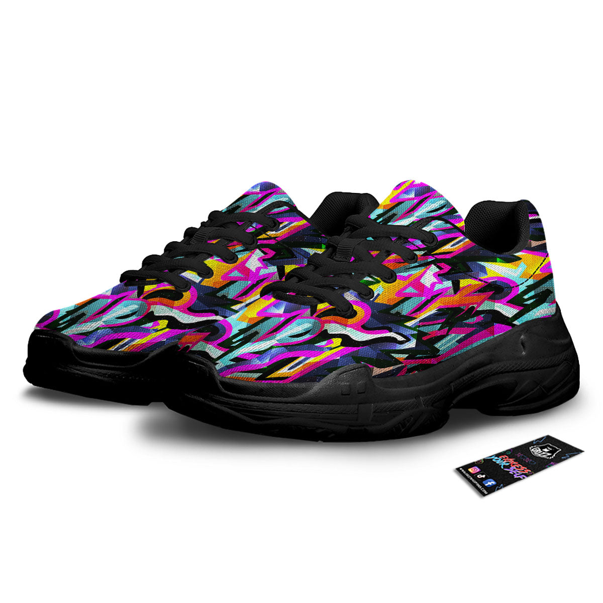 Funky Psychedelic Print Pattern Black Chunky Shoes-grizzshop