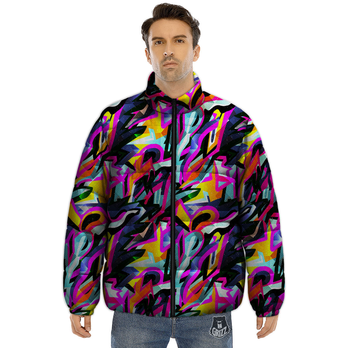Funky Psychedelic Print Pattern Puffer Jacket-grizzshop