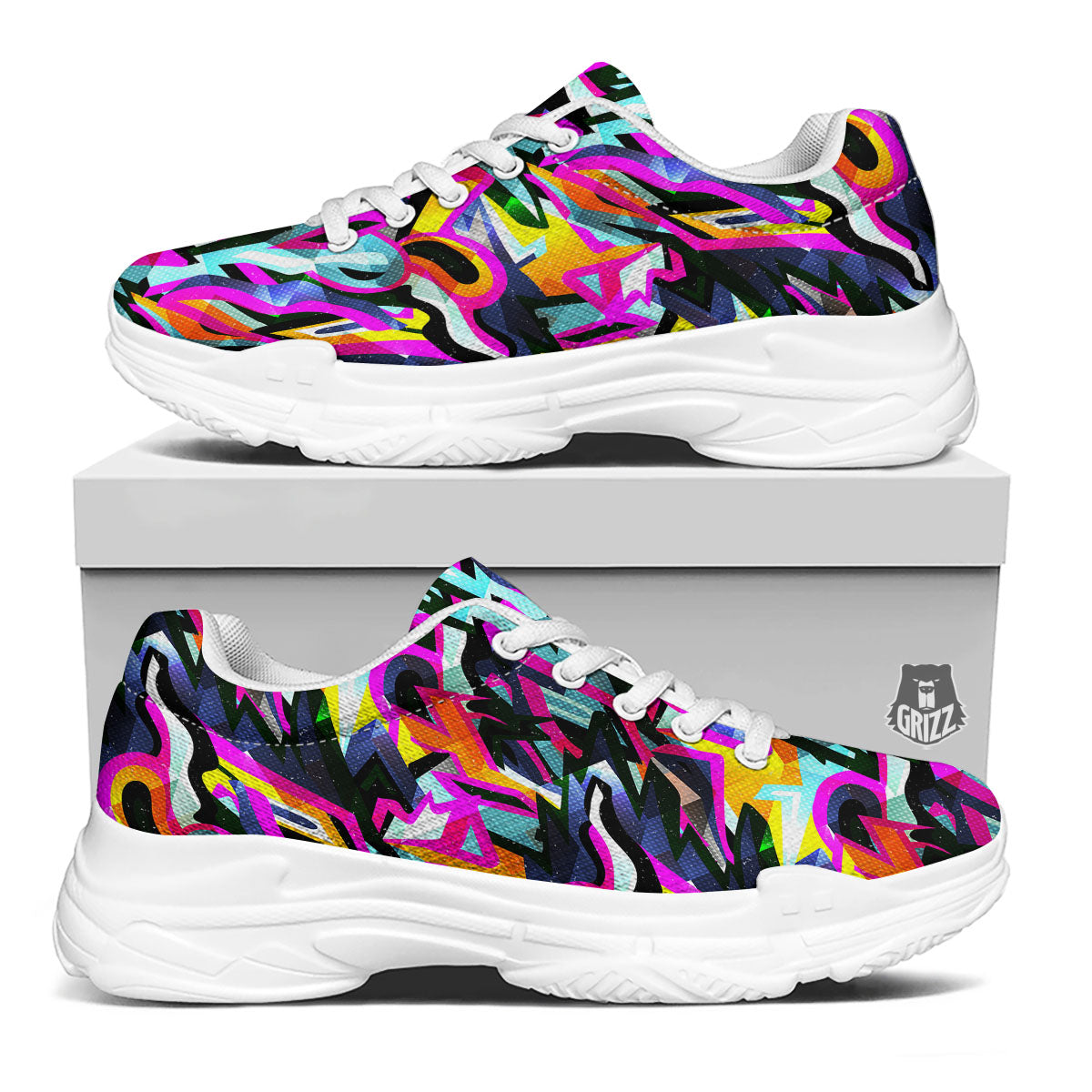 Funky Psychedelic Print Pattern White Chunky Shoes-grizzshop