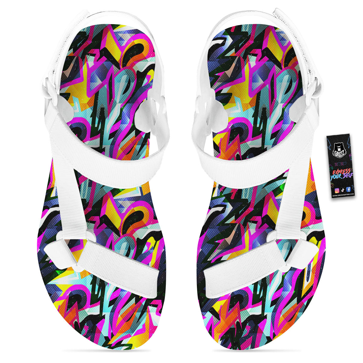 Funky Psychedelic Print Pattern White Open Toe Sandals-grizzshop