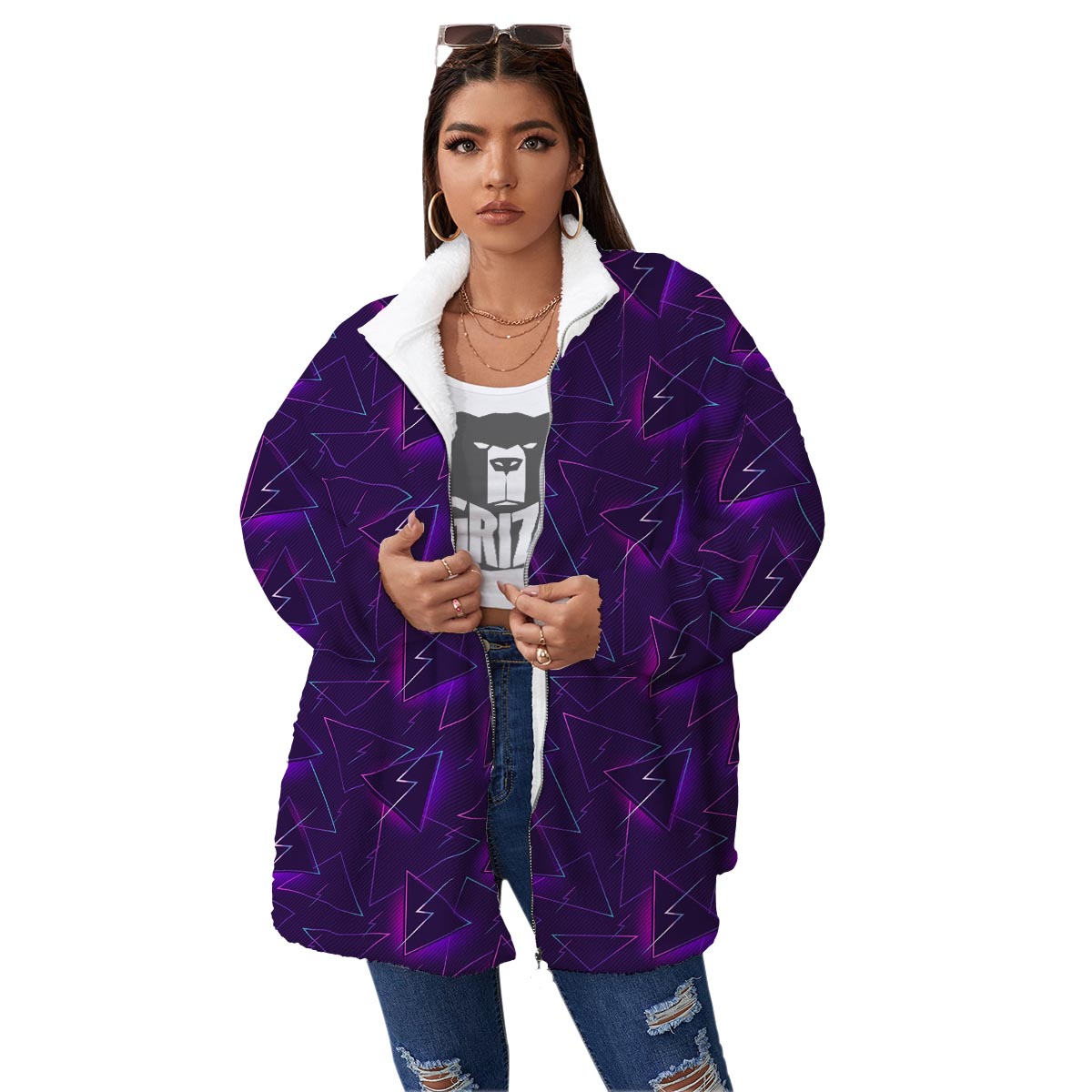 Funky Retro Print Pattern Women's Sherpa Jacket-grizzshop