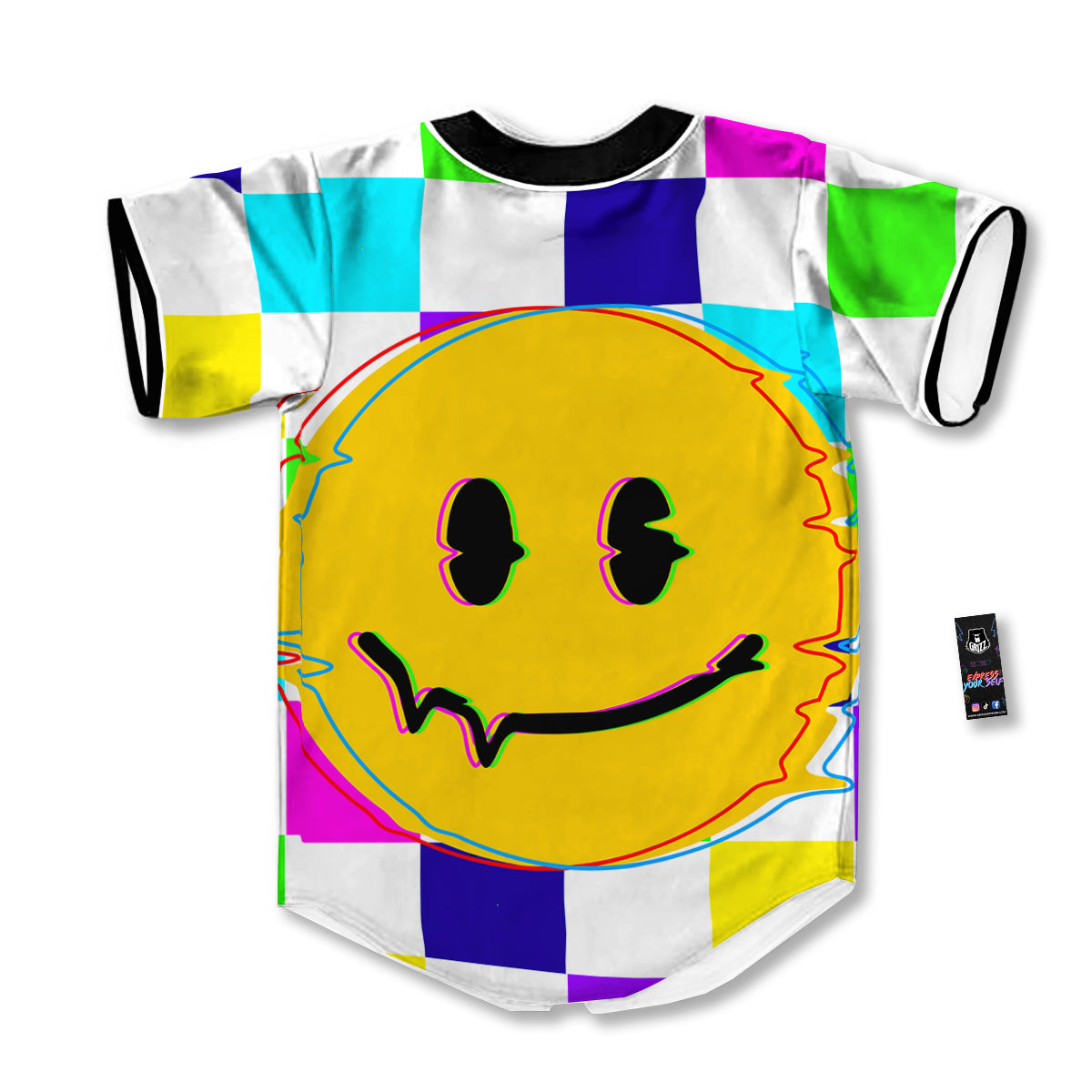 Funny Crazy Glitch And Checkered Neon Print Baseball Jersey-grizzshop