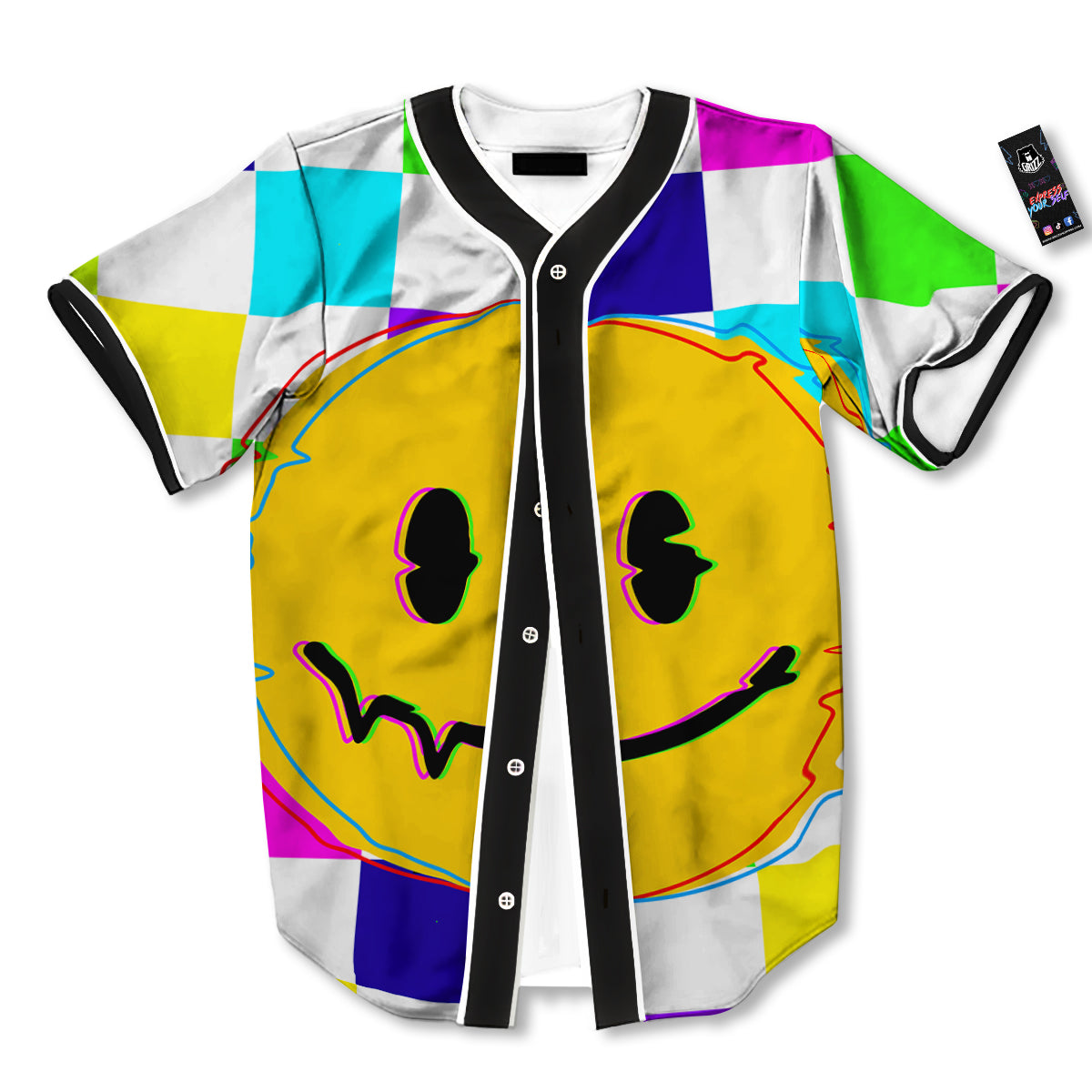 Funny Crazy Glitch And Checkered Neon Print Baseball Jersey-grizzshop
