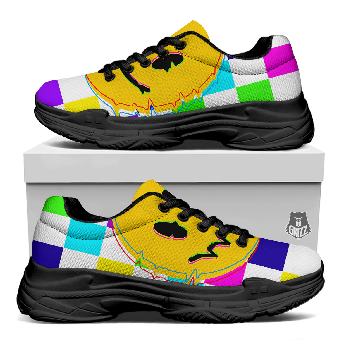 Funny Crazy Glitch And Checkered Neon Print Black Chunky Shoes-grizzshop