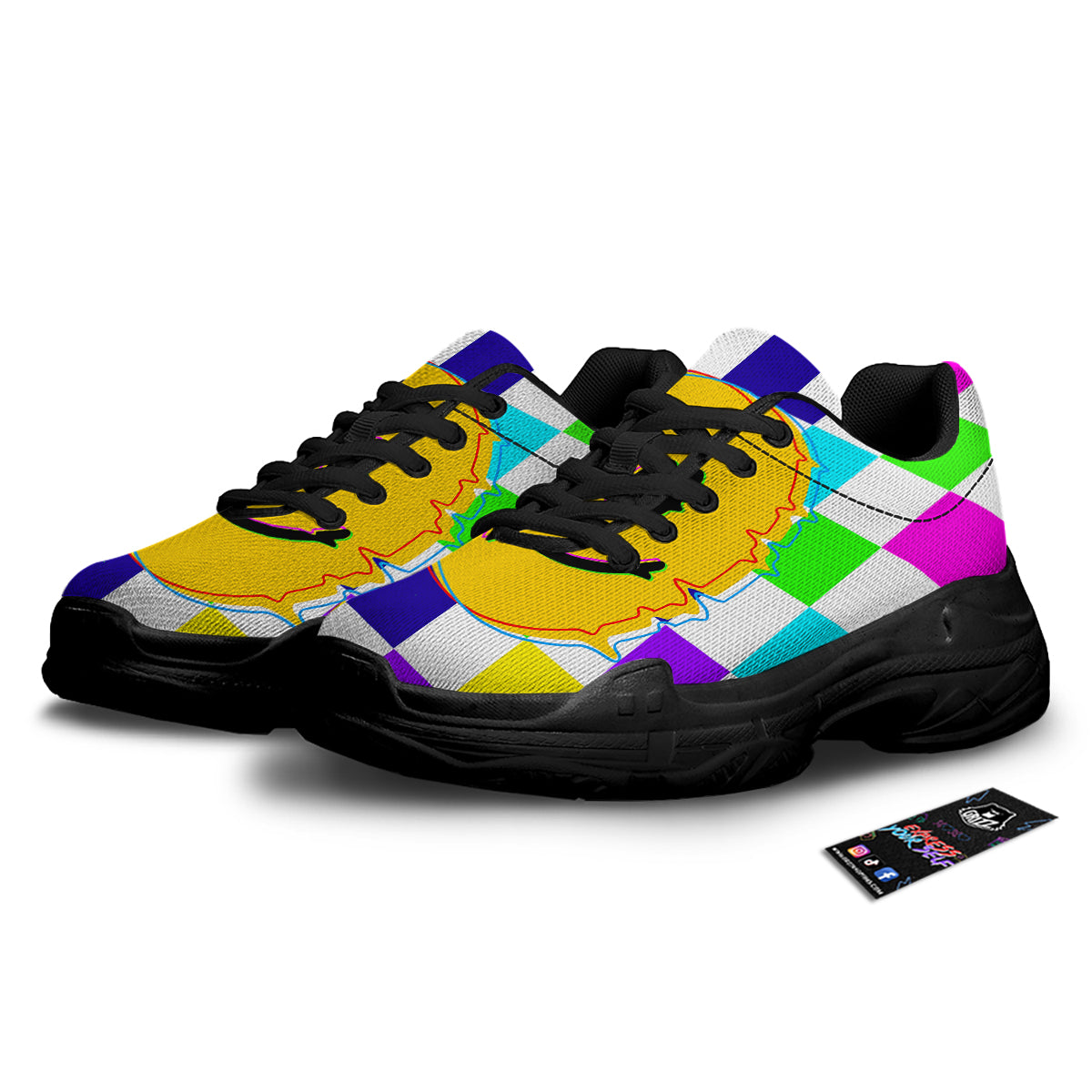 Funny Crazy Glitch And Checkered Neon Print Black Chunky Shoes-grizzshop