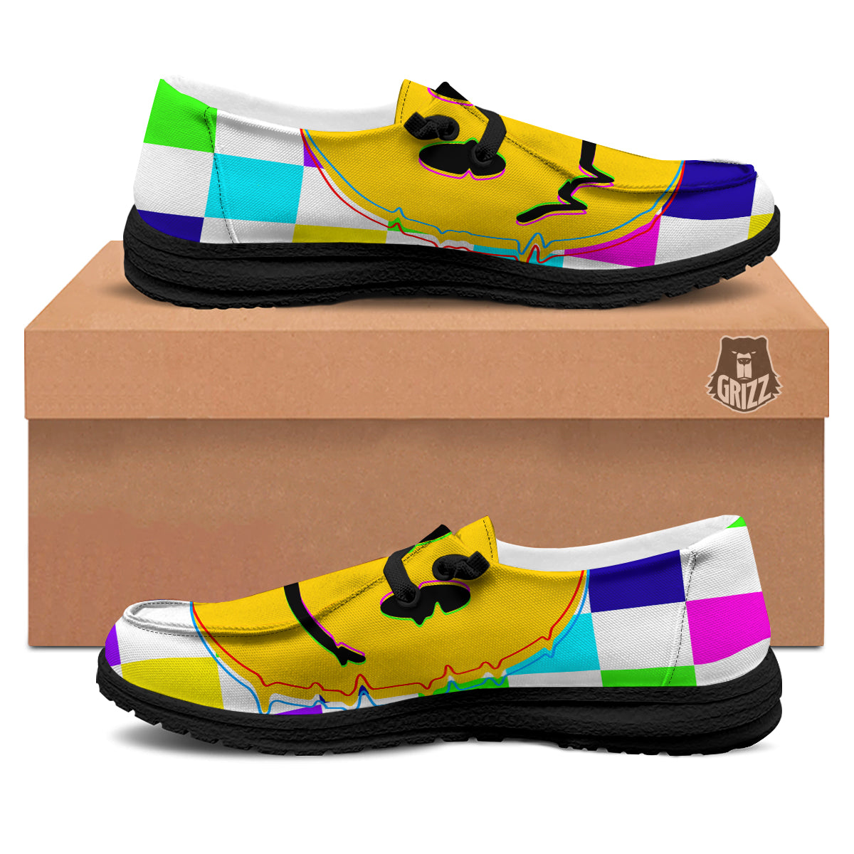 Funny Crazy Glitch And Checkered Neon Print Black Loafers-grizzshop