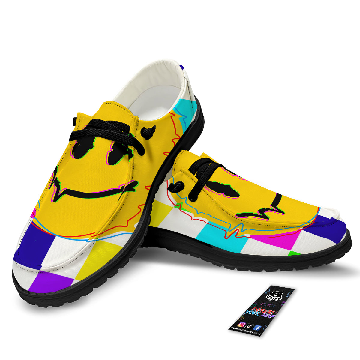 Funny Crazy Glitch And Checkered Neon Print Black Loafers-grizzshop