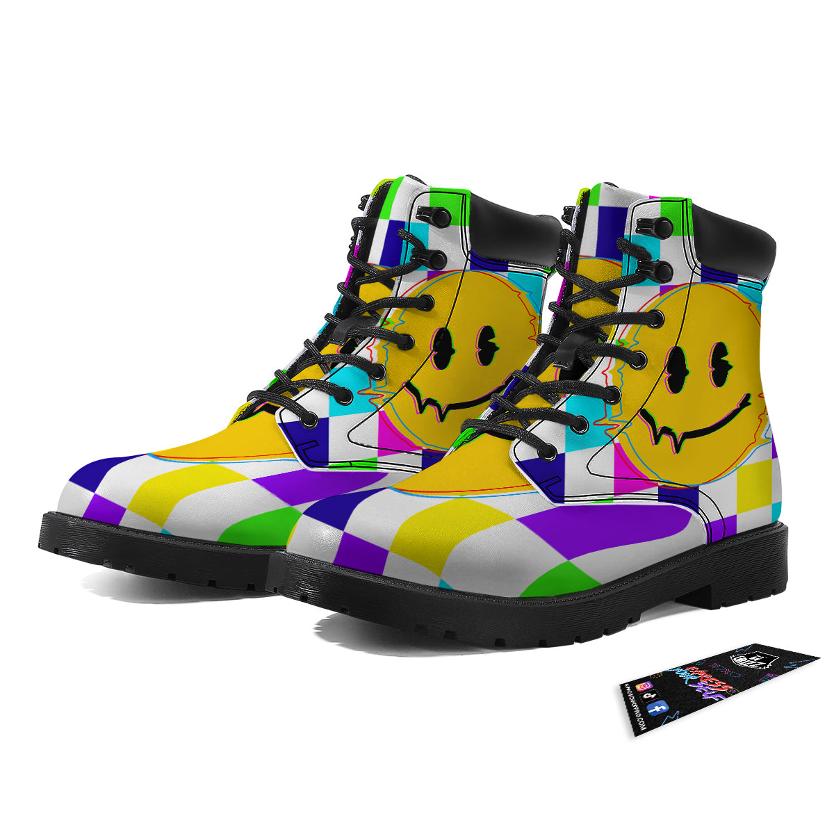 Funny Crazy Glitch And Checkered Neon Print Boots-grizzshop