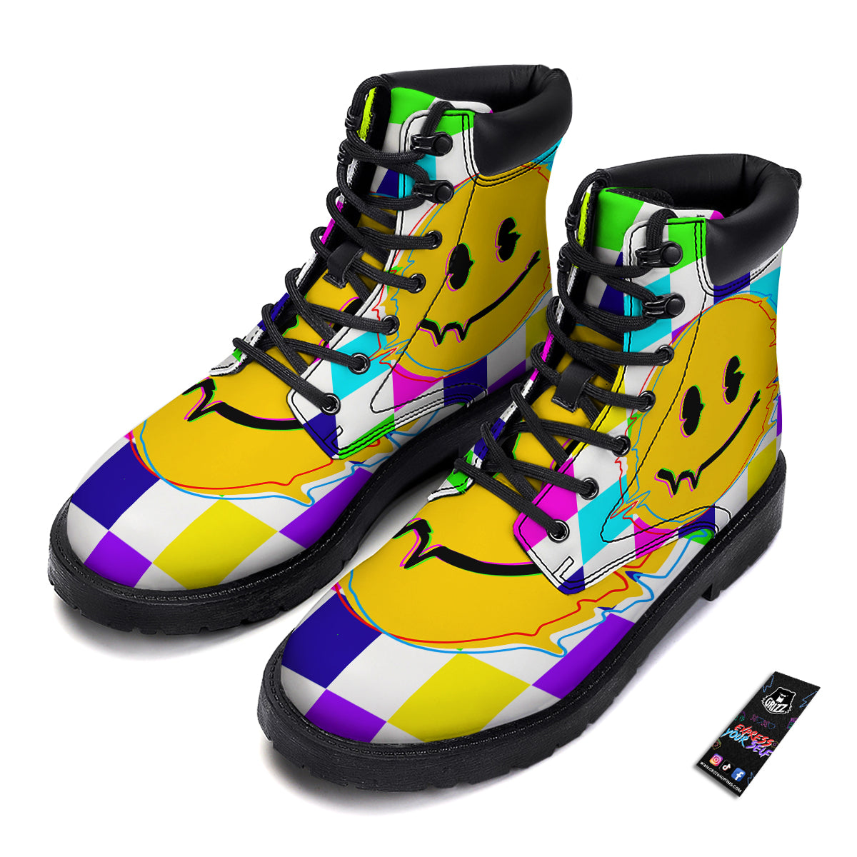 Funny Crazy Glitch And Checkered Neon Print Boots-grizzshop