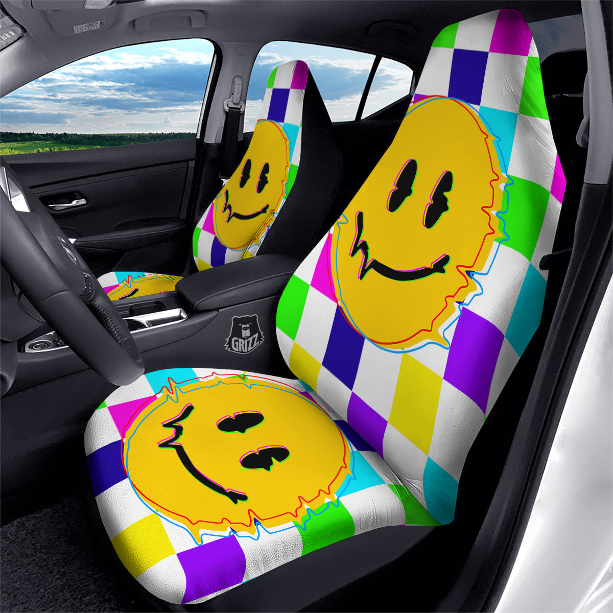 Funny Crazy Glitch And Checkered Neon Print Car Seat Covers-grizzshop