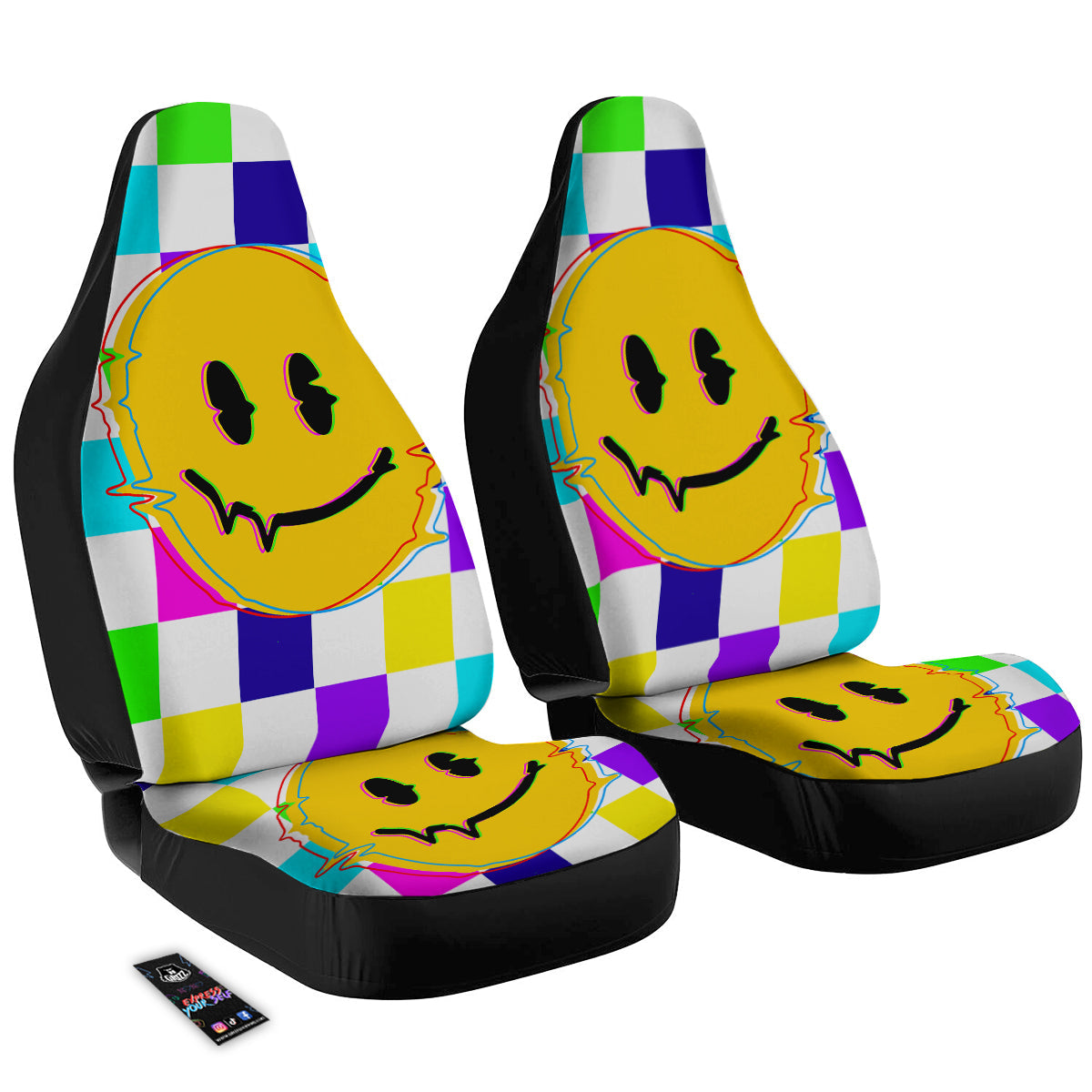 Funny Crazy Glitch And Checkered Neon Print Car Seat Covers-grizzshop