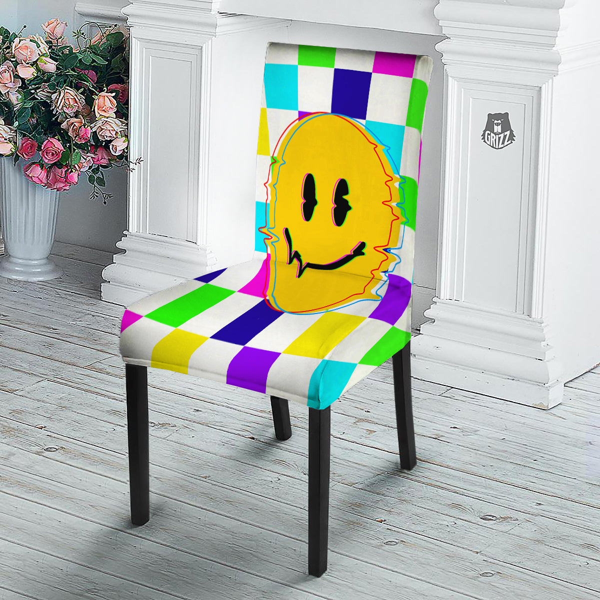 Funny Crazy Glitch And Checkered Neon Print Dining Chair Slipcover-grizzshop