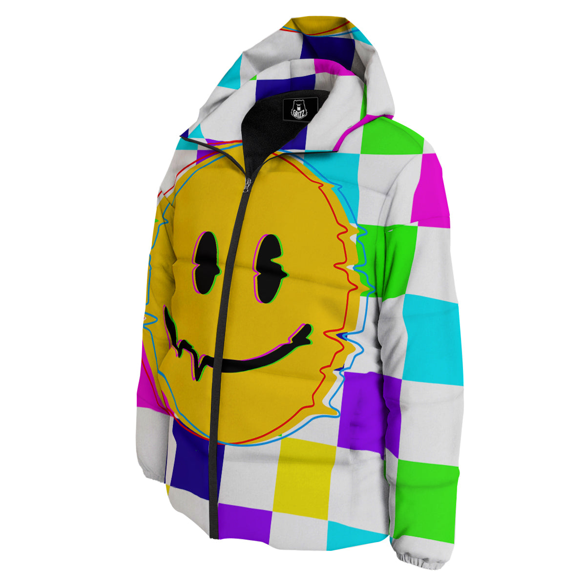 Funny Crazy Glitch And Checkered Neon Print Down Jacket-grizzshop