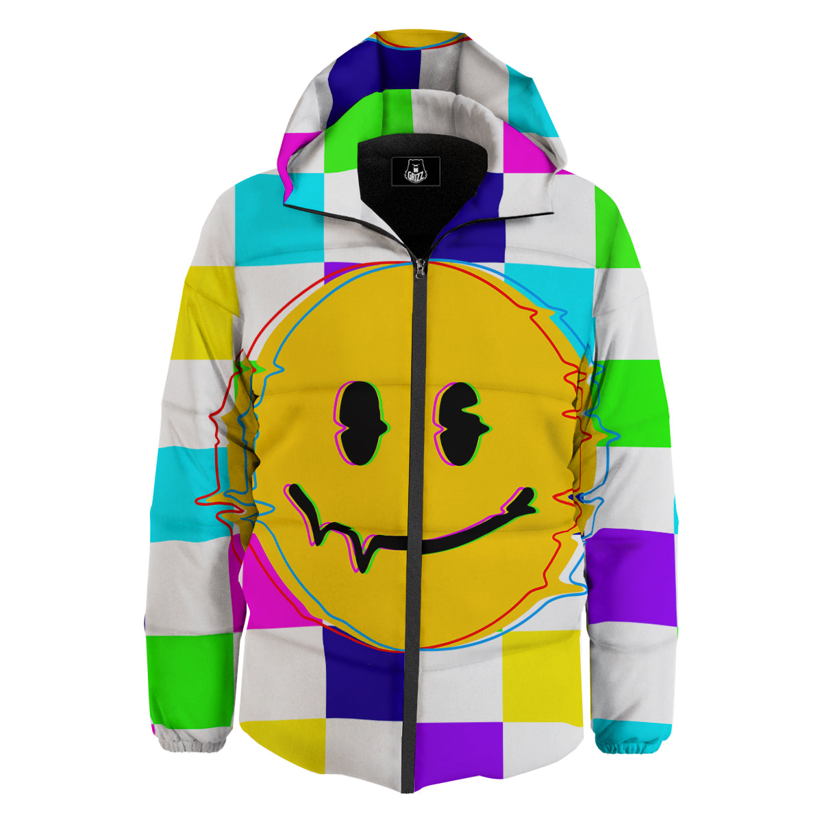 Funny Crazy Glitch And Checkered Neon Print Down Jacket-grizzshop