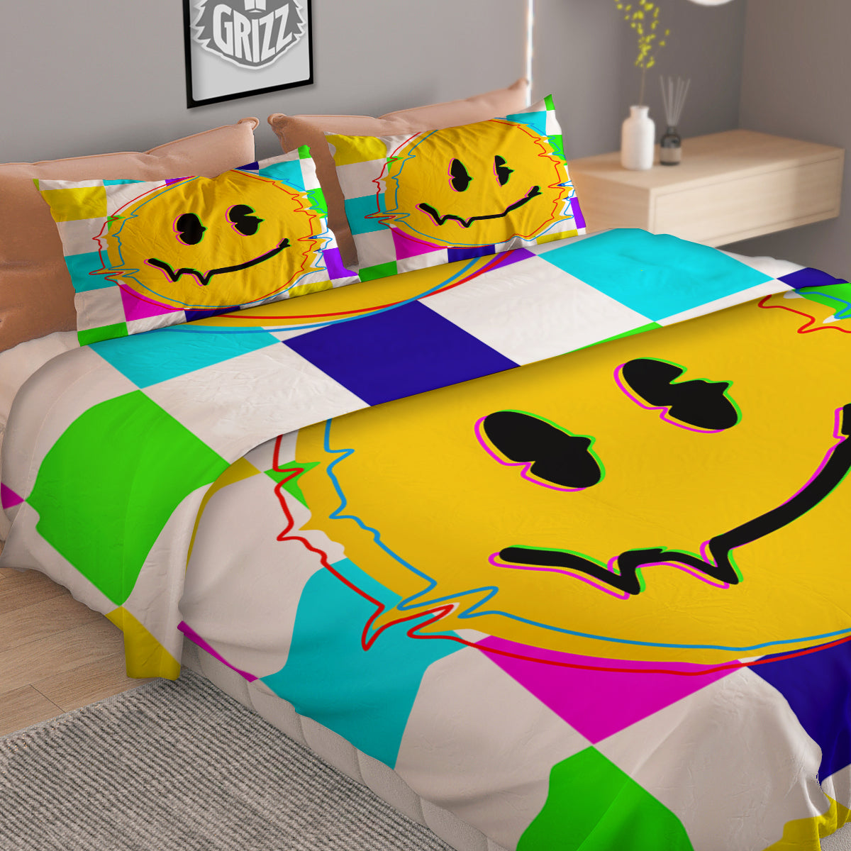 Funny Crazy Glitch And Checkered Neon Print Duvet Cover Bedding Set