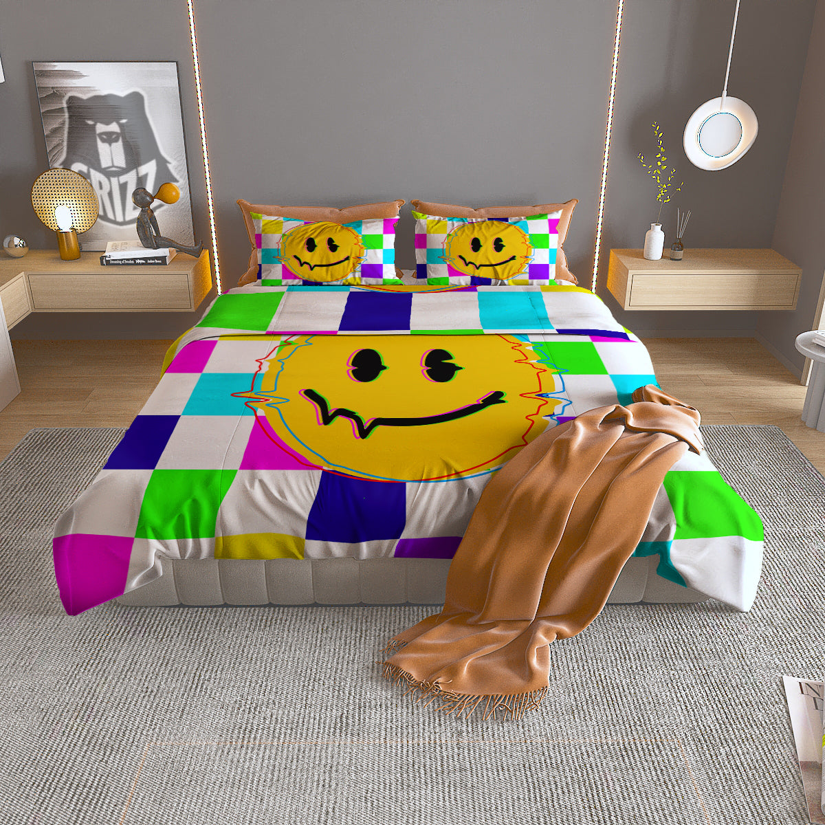 Funny Crazy Glitch And Checkered Neon Print Duvet Cover Bedding Set