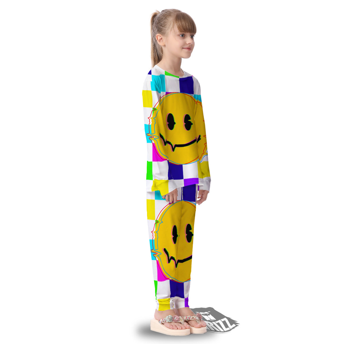 Funny Crazy Glitch And Checkered Neon Print Kid's Pajamas-grizzshop