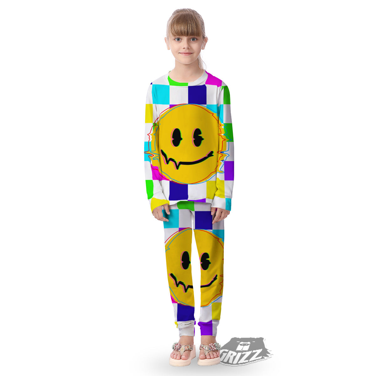Funny Crazy Glitch And Checkered Neon Print Kid's Pajamas-grizzshop