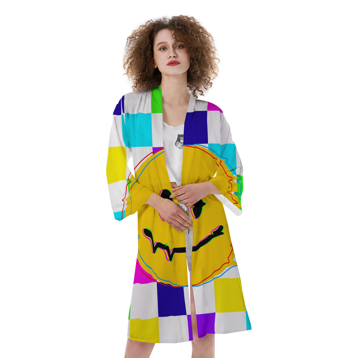 Funny Crazy Glitch And Checkered Neon Print Kimono-grizzshop