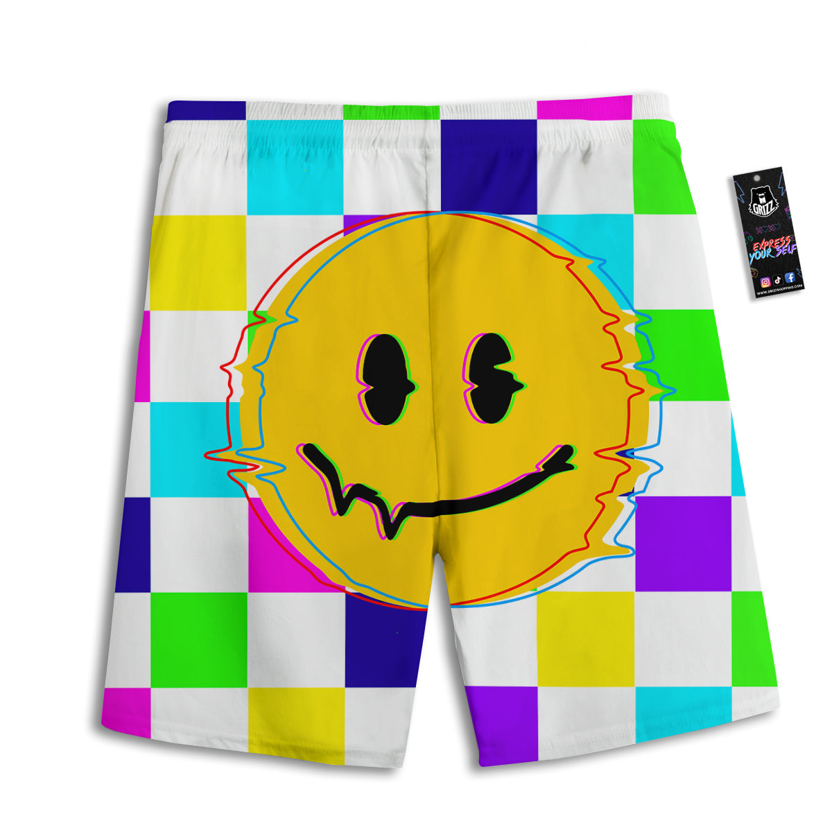 Funny Crazy Glitch And Checkered Neon Print Men's Athletic Shorts