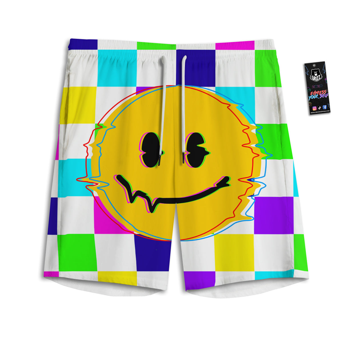 Funny Crazy Glitch And Checkered Neon Print Men's Athletic Shorts
