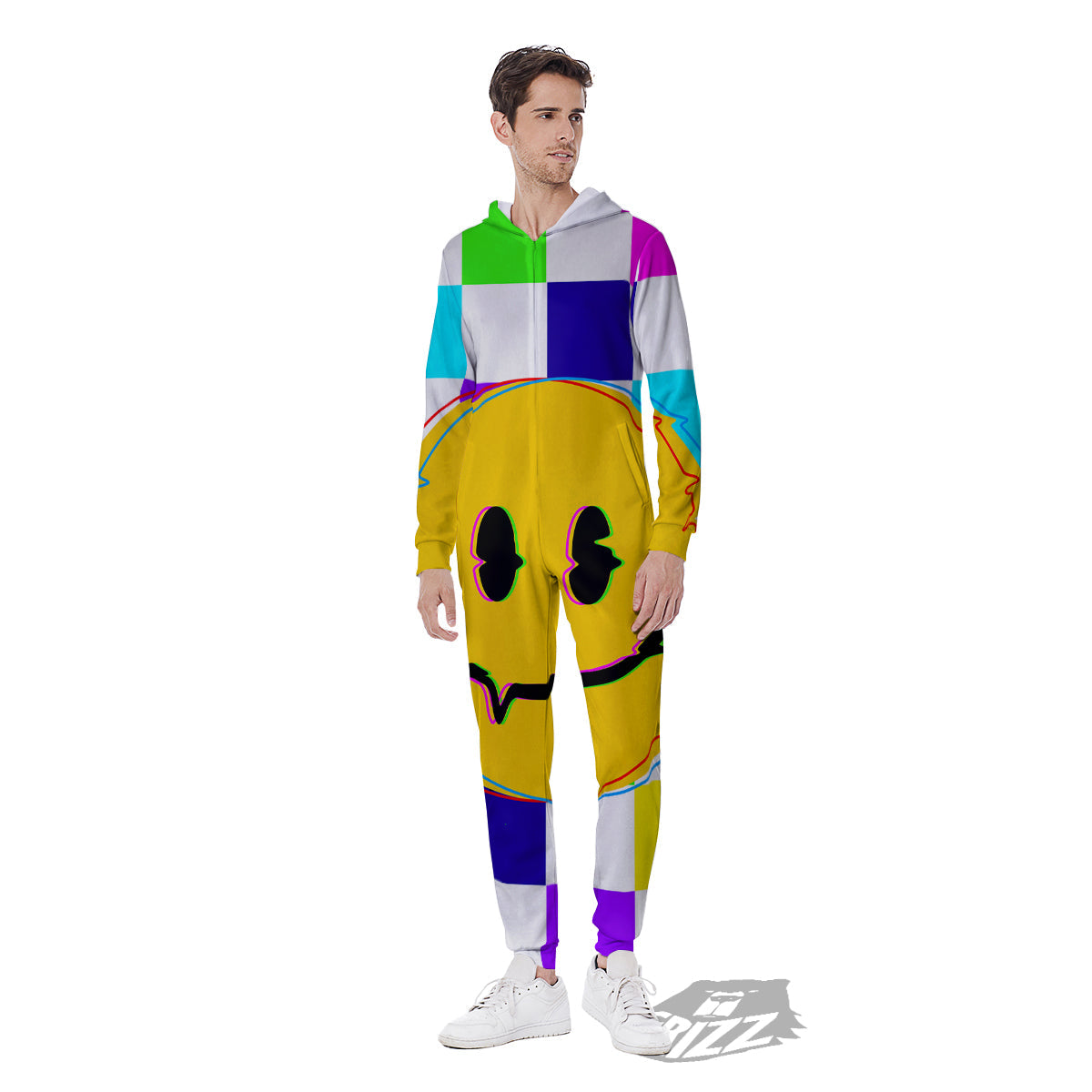 Funny Crazy Glitch And Checkered Neon Print Men's Jumpsuit-grizzshop
