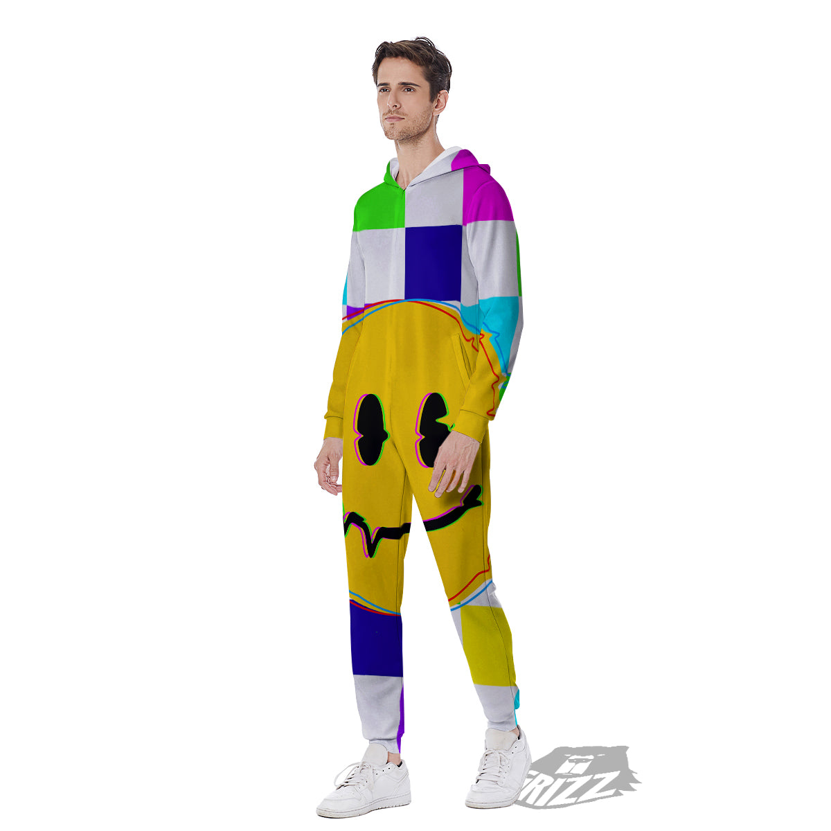 Funny Crazy Glitch And Checkered Neon Print Men's Jumpsuit-grizzshop