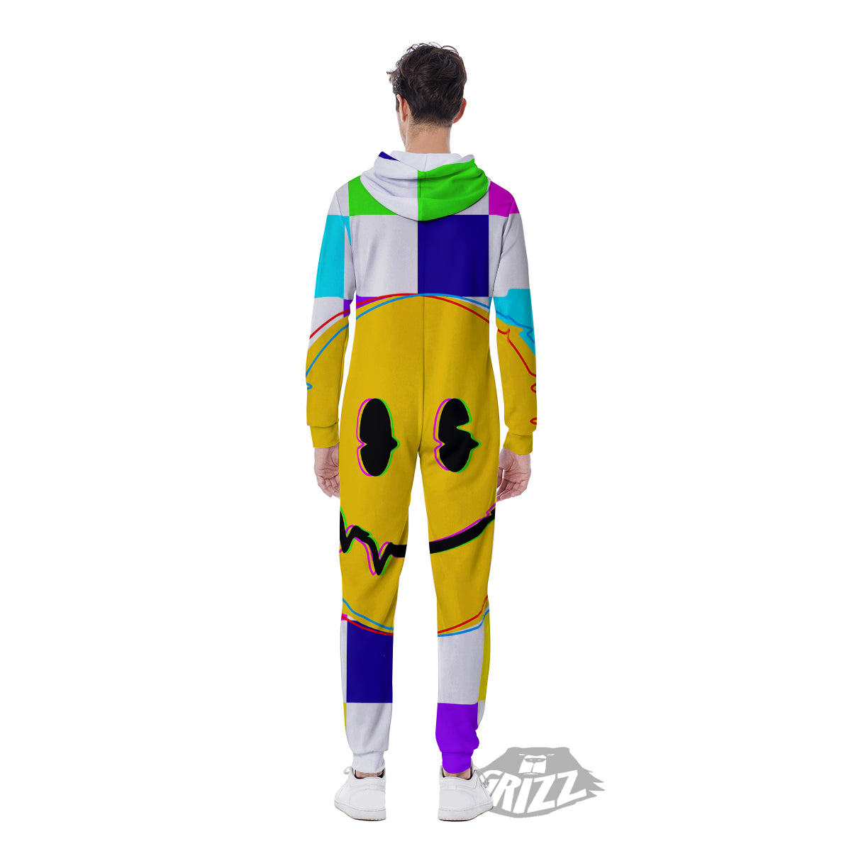 Funny Crazy Glitch And Checkered Neon Print Men's Jumpsuit-grizzshop