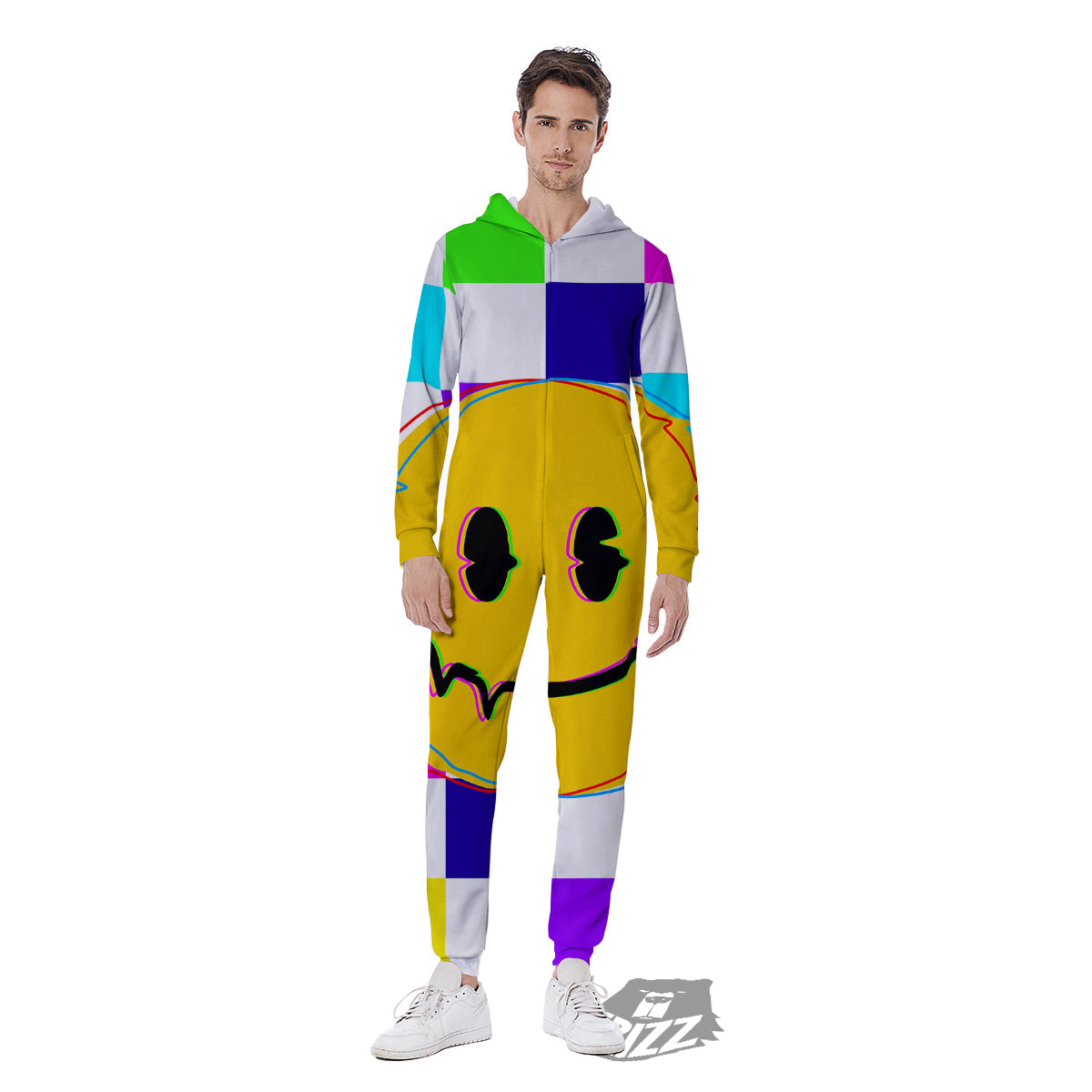 Funny Crazy Glitch And Checkered Neon Print Men's Jumpsuit-grizzshop