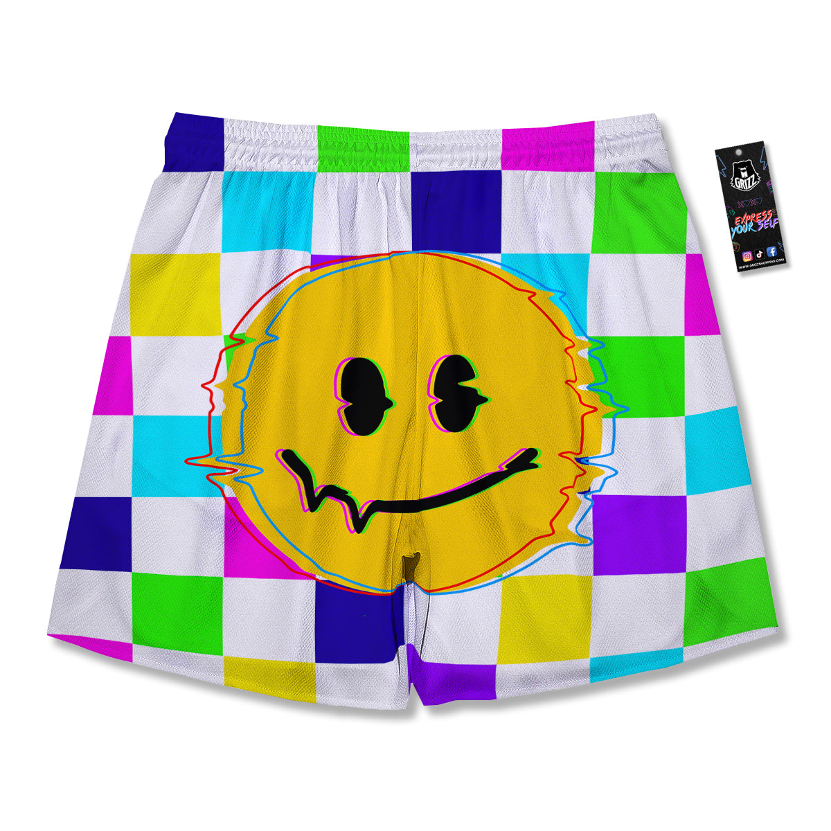Funny Crazy Glitch And Checkered Neon Print Men's Running Shorts-grizzshop