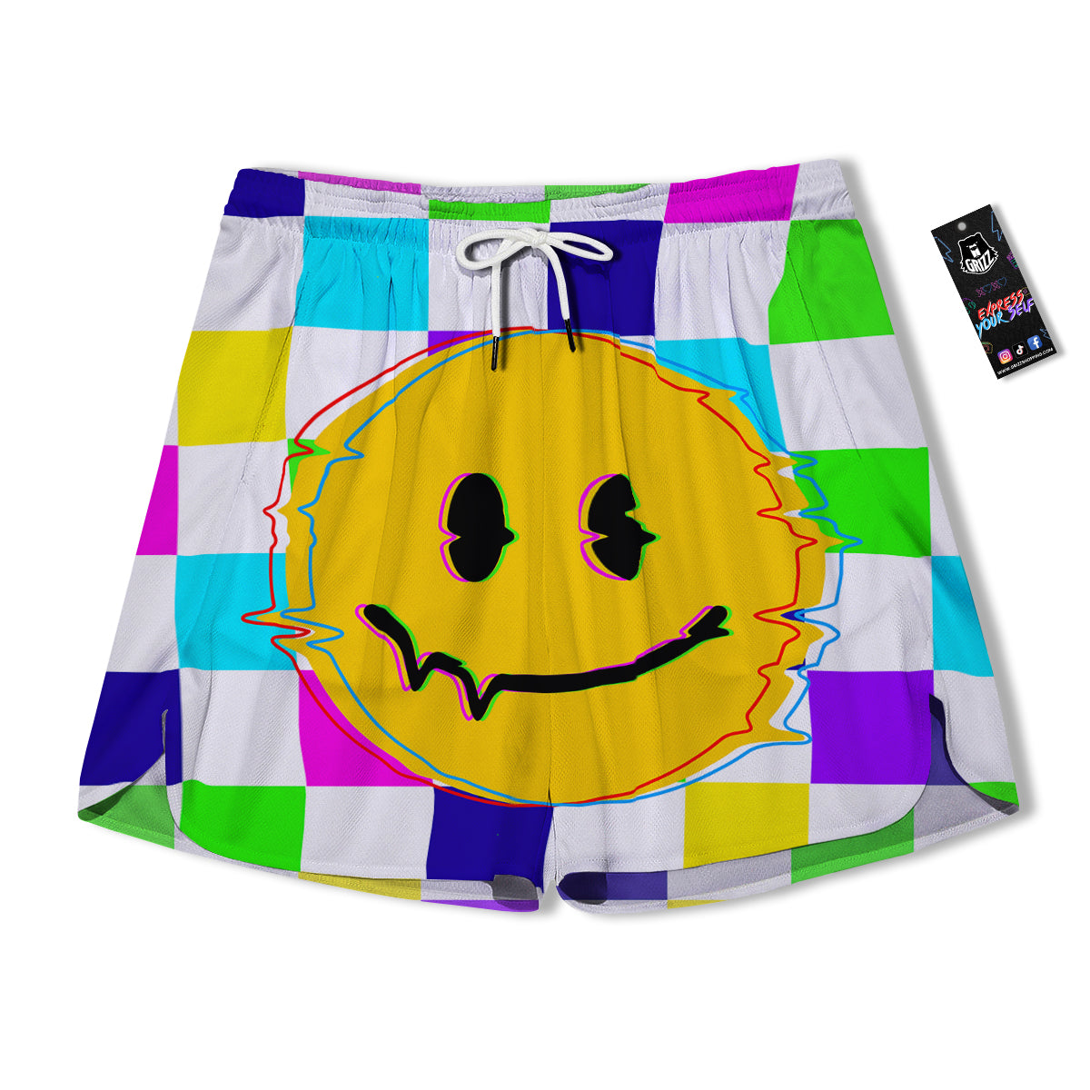 Funny Crazy Glitch And Checkered Neon Print Men's Running Shorts-grizzshop