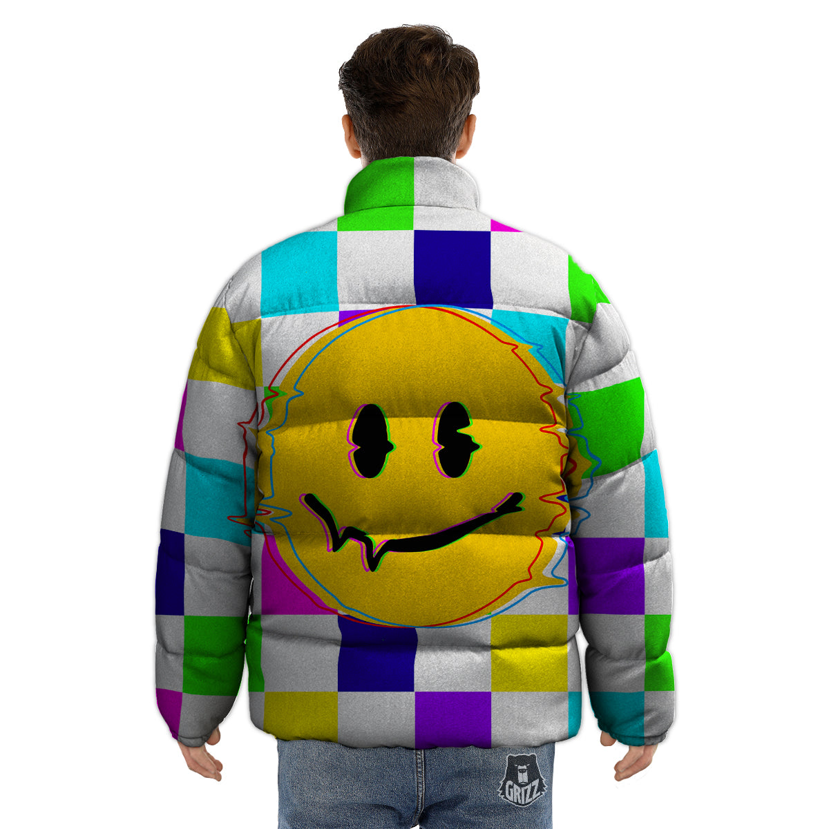 Funny Crazy Glitch And Checkered Neon Print Puffer Jacket-grizzshop