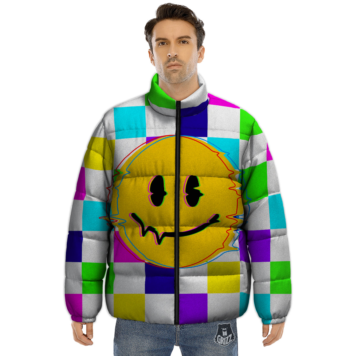 Funny Crazy Glitch And Checkered Neon Print Puffer Jacket-grizzshop