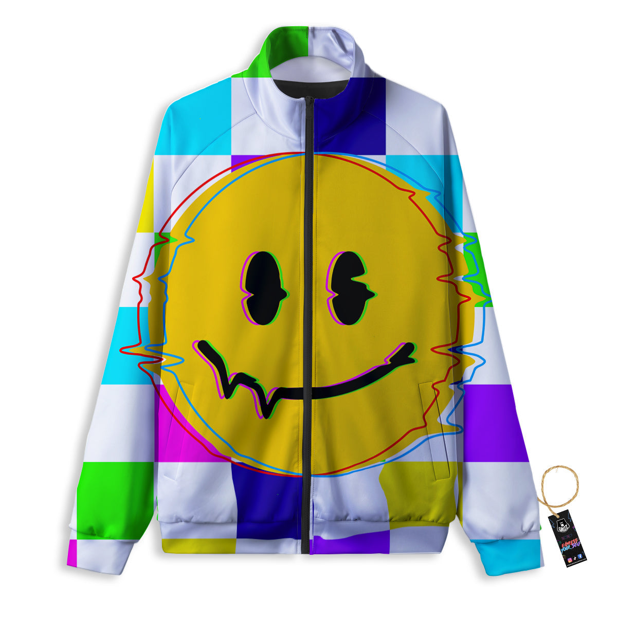 Funny Crazy Glitch And Checkered Neon Print Track Jacket-grizzshop