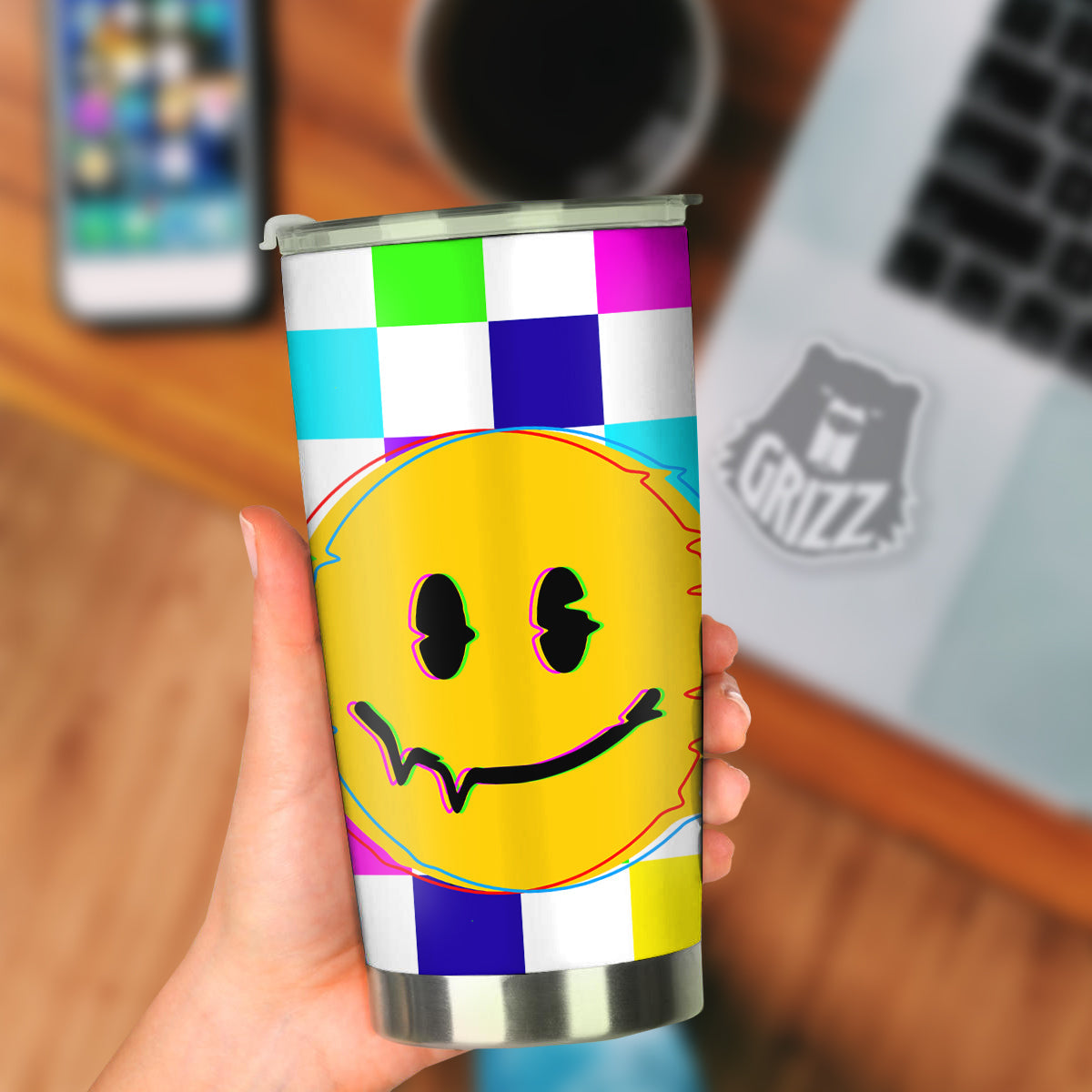 Funny Crazy Glitch And Checkered Neon Print Tumbler-grizzshop