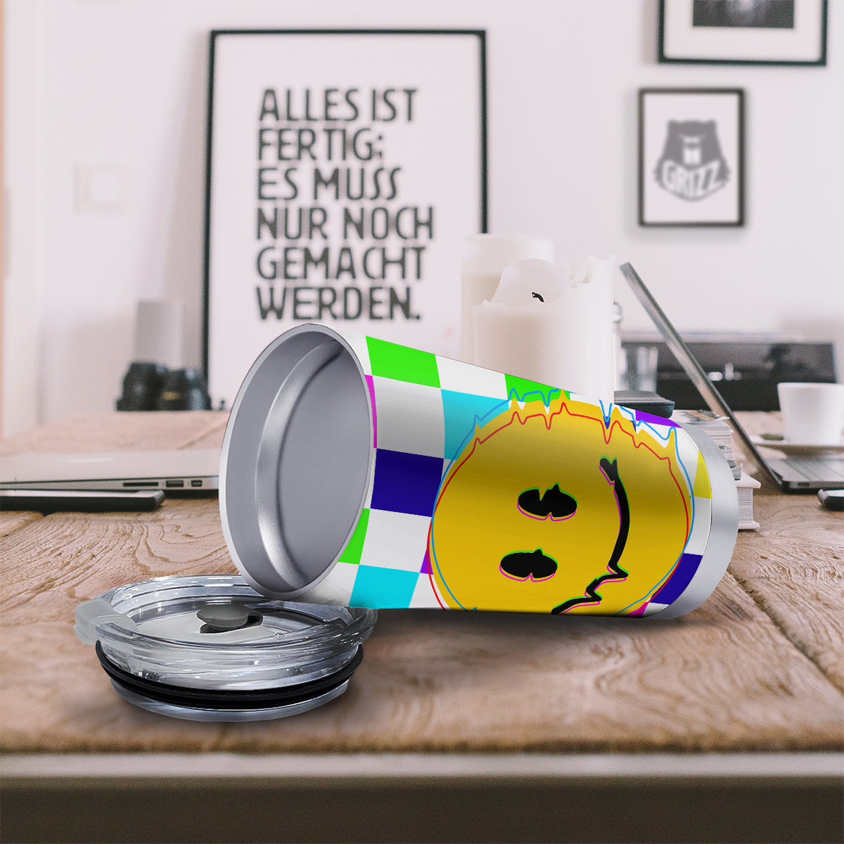 Funny Crazy Glitch And Checkered Neon Print Tumbler-grizzshop