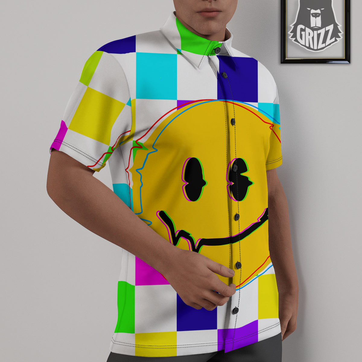 Funny Crazy Glitch And Checkered Neon Print Untucked Shirts-grizzshop