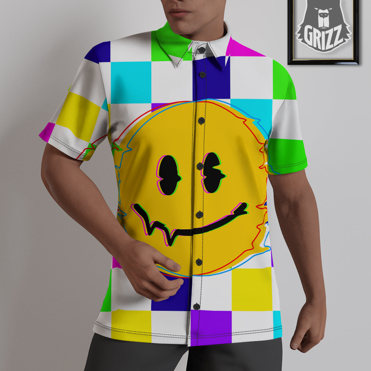 Funny Crazy Glitch And Checkered Neon Print Untucked Shirts-grizzshop